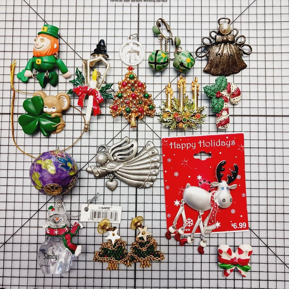 Jewelry Lot VTG Holiday Christmas Pins Earrings Necklace Ornament Angel Tree NWT